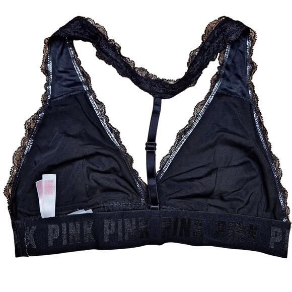 Victoria secret Pink black lace bralette adjustable T-back spellout wireless - Picture 4 of 4